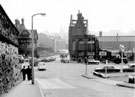 Looking down Chatham Street to the junction of Nursery Street, Corporation Street and Mowbray Street showing No. 181 Harry Hartley and Son Ltd., shop fitters, Corporation Street Bridge (also known as Borough Bridge) and Corporation Street