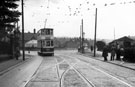 Tram No. 370 in Parkside Road with Hillsborough Park left, Hillsborough School (behind the tram) and Catch Bar Lane forking to the right