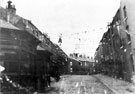 Peel Street from Glossop Road, looking towards Nile Street, possibly celebrating the end of the Boer War, Cabmen's Shelters, left