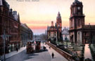 View: s18743 Sunset on Pinstone Street, St. Paul's Church and Town Hall, right, premises on left include Sheffield Cafe Co., Wentworth Cafe