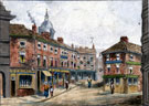 Pinstone Street from Orchard Street, No. 73 Fargate, T. Baines, hairdresser, left, No. 79 Barker's Pool, Norfolk Hotel (landlord-Henry Darley), right, premises on Pinstone Street include No. 3 Wm Smith, hatter, Nos. 5 - 7 John Richardson, tailor