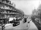 View: s18767 Pinstone Street, Town Hall and St. Paul's C. of E. Church, right, premises on left include Sheffield Cafe Co., Wentworth Cafe