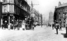 View: s18768 Moorhead looking towards Pinstone Street, 1900-1905, T. and G. Roberts, drapers, left, Nelson Hotel, right