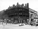 View: s18848 Pinstone Street and Barkers Pool from Town Hall Square, Gaumont Cinema on right, Nos. 2 - 6 William Timpson Ltd., boot and shoe dealers