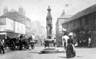 Drinking fountain at the junction of Shalesmoor/ Gibraltar Street/ Allen Street and Bowling Green Street, looking towards businesses including Thomas Nixon and Son, pawnbroker, Gibraltar Street