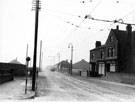 Derelict Nos. 205 and 203 Sheffield Road, Tinsley, formerly numbered 3 and 5 looking towards Tinsley Bridge over L.N.E. Railway and South Yorkshire Navigation Canal