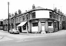 W. Foulstone's, betting shop, No. 1, Nottingham Street showing No. 46, Ernest Green, butcher, 48, H. Brammer, gents hairdresser, Spital Street towards the junction with Thistle Street