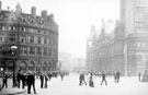 Looking towards Surrey Street from Fargate/Town Hall Square, Albany Hotel and Yorkshire Penny Bank, left, Town Hall, right
