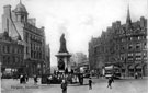 View: s19964 Fargate from Town Hall Square. Queen Victoria Monument, centre, premises on left include Bank Chambers, premises on right include Albany Hotel, Yorkshire Penny Bank and Carmel House