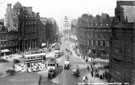 View: s19970 Elevated view of Town Hall Square and Fargate, 1950-1955, including No 66, Fleur de Lys public house, (Bovril sign) and Bank Chambers, left. Albany Hotel and Yorkshire Penny Bank, right. Town Hall Square Rockery in foreground