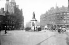 View: s19972 Queen Victoria Memorial, Town Hall Square, looking towards Fargate. Premises on left include Bank Chambers, Albany Hotel and Yorkshire Penny Bank, right
