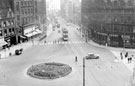 View: s19973 Town Hall Square looking towards Fargate, 1950-1955. Bank Chambers, left, Yorkshire Penny Bank, Albany Hotel and Yorkshire Penny Bank, right