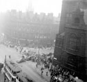 View: s19975 Elevated view of Town Hall Square, 1950-1955, looking towards Albany Hotel and Yorkshire Penny Bank, junction of Fargate and Surrey Street