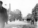 View: s19981 Jubilee Monolith, Town Hall Square looking towards Fargate. Premises on left include No. 64 and 62, J.A. Cooper, draper and furrier, Carmel House, right