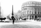 View: s19985 Jubilee Monolith, Town Hall Square looking towards Barkers Pool and continuation of Fargate, note cabman's shelter behind Monolith. Nos. 78  -82 Fargate, Johnson and Appleyards Ltd., cabinet makers etc.