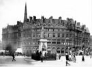 View: s19986 Queen Victoria Monument, Town Hall Square. Carmel House, Albany Hotel and Yorkshire Penny Bank, Fargate and Montgomery Hall, Surrey Street