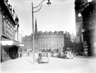 View: s19993 Town Hall Square, from Fargate (Fargate extended to Pool Square until the 1960s when it became part of Barkers Pool), Cinema House, left, Albany Hotel and Yorkshire Penny Bank, Fargate, in background