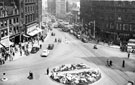 View: s19994 Elevated view of Town Hall Square looking towards Fargate. Town Hall Square Rockery, foreground, Bank Chambers, left, Carmel House, Albany Hotel and Yorkshire Penny Bank, right
