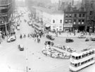 View: s19999 Leopold Street and Fargate from Town Hall Square. No. 70 Fargate, H.L. Brown and Son Ltd., jewellers, No. 68 Cantors, No. 66 Dean and Dawson Ltd., travel agents and Bank Chambers