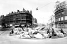 View: s20004 Town Hall Square, view from Fargate towards Cinema House and Wilson Peck, Barkers Pool/Fargate. Pinstone Street, left including Town Hall Chambers and William Timpson Ltd., shoe shop