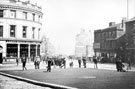 Waingate at junction of Bridge Street, looking towards Wicker and Lady's Bridge, 1895-1915. No 3, Bridge Street, Lady's Bridge Hotel, left, No 34, Waingate, Elephant and Castle Tea Co., tea dealers, Nos. 28 - 30, Bull and Mouth public house