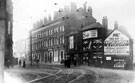 Bow Street, City Centre, from Leopold Street junction, premises prior to demolition to make way for Telephone Exchange. Nos. 2 - 8 H. T. Lowe and Sons, pianoforte dealers and Times Buildings, centre. Pinfold Street, right