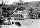 View: s20498 Derwent Hall, looking across the River Derwent. Demolished 1940's for construction of Ladybower Reservoir 	