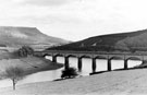 View: s20501 Ashopton Viaduct across Ladybower Reservoir (Viaduct stands over the ruins of Ashopton Village), during the drought of 1959