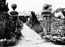 View: s20522 Gardens leading to east front of Derwent Hall. Private St. Henry's Roman Catholic Chapel, right. Demolished 1940's for construction of Ladybower Reservoir 	