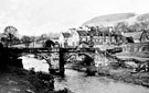 View: s20528 Derwent Hall and the Packhorse Bridge, over the River Derwent. Demolished 1940's for construction of Ladybower Reservoir