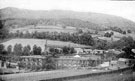 Ashopton showing the trestle gantry which ran across the River Ashop, from the Midland Railway at Bamford. Used during the construction of the Dams in 1902-1916. Sheffield to Glossop Road and Ashopton village in background