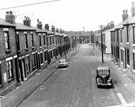 Elevated view of Harrogate Road, Darnall from the railway embankment looking towards Nidd Road showing the junction with Myton Road