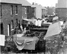Elevated view from the railway embankment of the rear gardens of Nos. 47 - 33 Harrogate Road, Darnall with property on Myton Road visible (right)