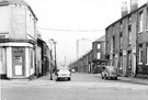 Lansdowne Road from Washington Road, Sharrow. No. 21, Washington Road, Frederick Hill, Greengrocer, left. Back to back houses, right. Lansdowne Flats in background