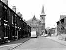 Lawrence Street showing the rear of Spring Works, formerly W. Kellett and Co.,(right) looking towards Zion Congregational Church, Zion Lane and F. Melling Ltd., Chapel Printing Works formerly Zion Sabbath School