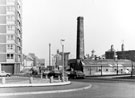 Leverton Gardens, Leverton Drive and Lansdowne Flats, left. No. 66 London Road (with chimney), Garfitts Ltd., lawn mower fittings manufacturers, Cross Scythes Works. Buildings on Lansdowne Road in background
