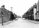 William Wild and Sons Ltd., brass founders, Midland Brass Works (left) and terraced housing,  Liverpool Street, Attercliffe from No. 118 Clay Street (right)