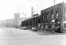 Denton and Best Ltd., tilters and forgers, Livesey Street from Penistone Road with C.E.G.B. Neepsend Generating Station cooling tower in the background