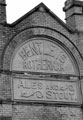 View: s22186 Bentley's Brewery of Rotherham carved stonework on the gable end of the Ball Inn, No. 70 Upwell Street