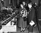 View: s22589 Princess Margaret, accompanied by the Lord Mayor, Alderman William Ernest Yorke, viewing exhibits in the Cutlery Section at the 'Sheffield on it's Mettle' exhibition, Cutlers' Hall