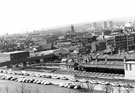 View from Park Hill across Sheffield Midland railway station towards Moorfoot area. Granville Street in foreground