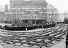 View: s22707 Tram-track laying on Haymarket/High Street from Fitzalan Square, rails, points, and crossings made entirely of Hadfield's Patent Manganese Steel. No. 1 Haymarket, (Fitzalan Chambers), Stables and Co., tea dealers in background