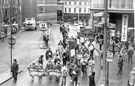 Sheffield Trades Council Unions march in aid of the miners, Waingate during Miners Strike, 1984-85 (early February 1985) with Exchange Brewery and The Brewers Bridge public house in the background