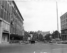 View: s23261 Nos. 51 - 57 Peter Robinson Ltd, fashion department store; Nos. 59 - 65 C and A Modes Ltd (left) and Marples Hotel (right), High Street from Castle Square looking towards the Classic Cinema, Fitzalan Square
