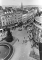 View: s23319 Elevated view of Fargate from the Town Hall showing premises including R. A. Millet Ltd; No. 58 Burnley Building Society; Yorkshire Bank and Yorkshire Bank Chambers with the Goodwin Fountain extreme left