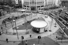 Elevated view of Castle Square Supertram stop showing GT News kiosk; C and A Modes Ltd. and Castle House