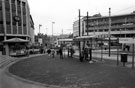 Castle Square Supertram stop looking towards Commercial Street showing Thorntons kiosk and C and A Modes Ltd.