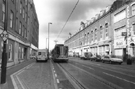 Supertram No. 9 travelling to Shalesmoor with Sahib Indian Restaurant right looking towards Huttons Buildings, West Street 