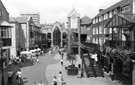 View: s24026 Elevated view of Orchard Square looking towards the Food Court and Church Street showing the clock and the housing for the Grinder and Buffer Automaton