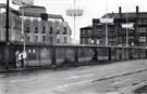 View: s24085 Pinstone Street showing the temporary bus shelters with the Town Hall Extension (often referred to as the Egg Box (Eggbox)) and the Prudential Builldings (right) in the background